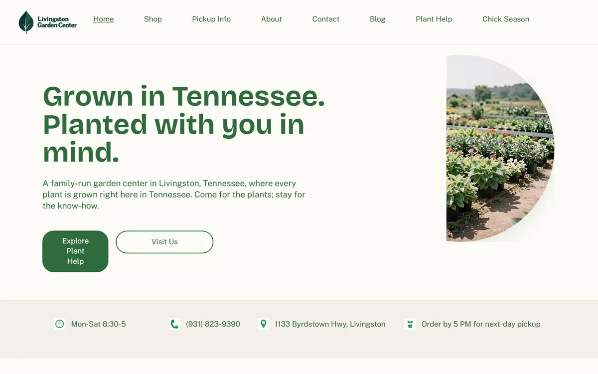The Livingston Garden Center site, showing the plant categories and the order-by-5PM pickup cutoff.