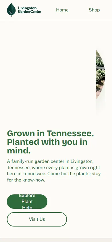 The Livingston Garden Center site on a phone: the plant categories stacked into a single column, with hours, phone and the pickup cutoff pinned in a bar at the bottom of the screen.