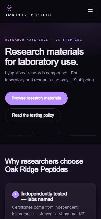 The Oak Ridge Peptides store on a phone, showing a product listing and its testing-documentation path.