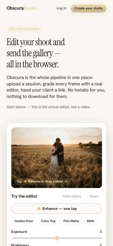 The Obscura Studio editor on a phone, a photo with the grading controls collapsed into a row of tools along the bottom.