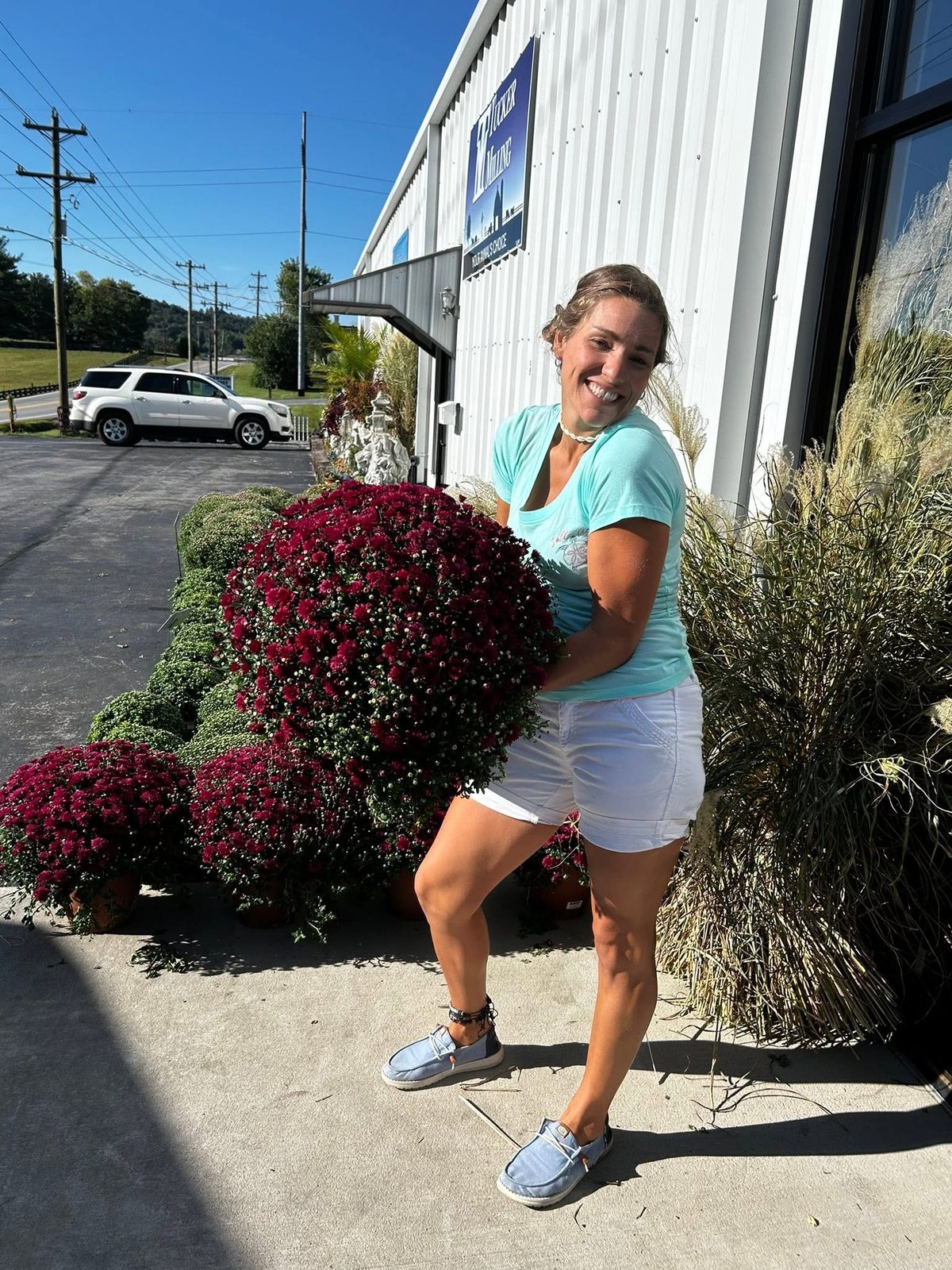 Elisa hauling a garnet mum off the fall benches
