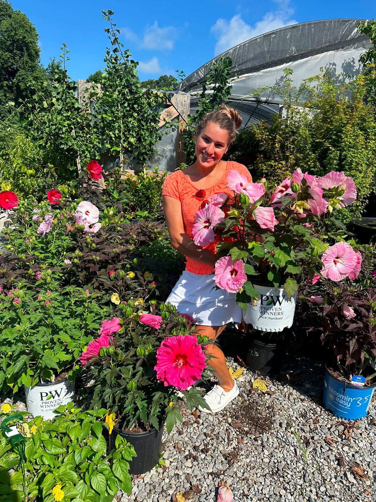 Elisa with the dinner-plate hibiscus in the shade house