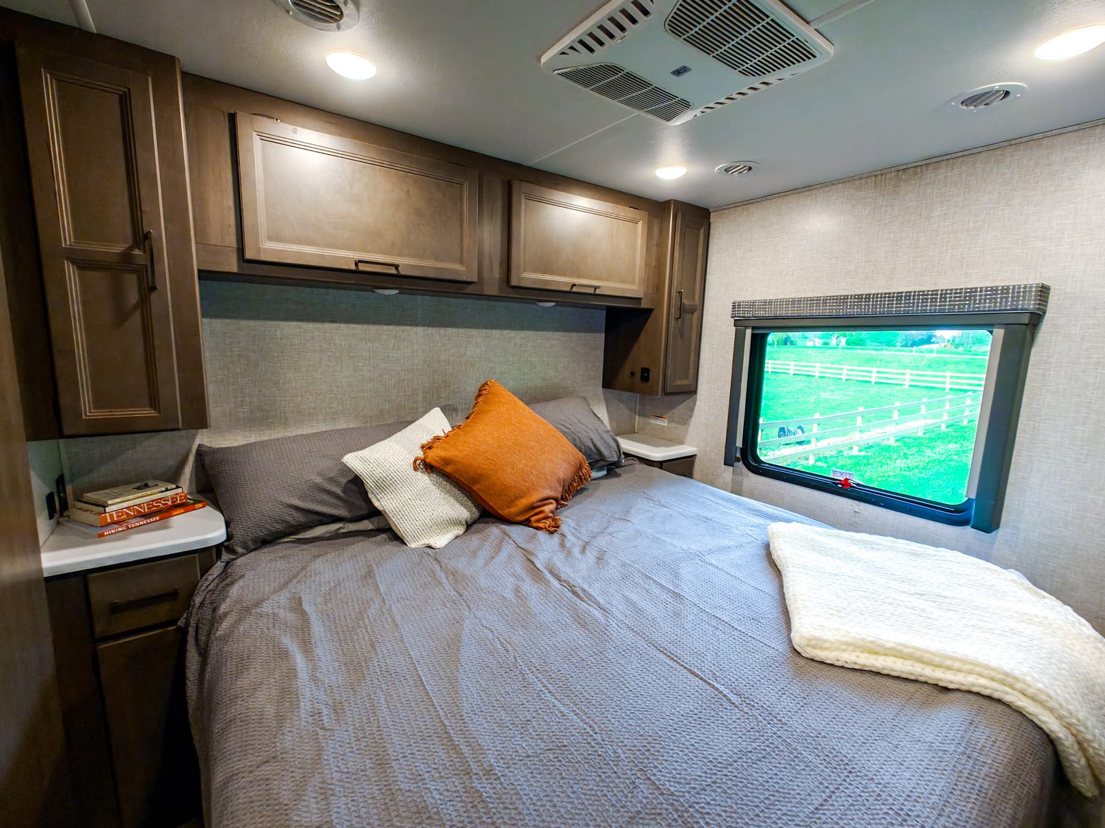 Motorhome kitchen and dining space stocked for a farm stay
